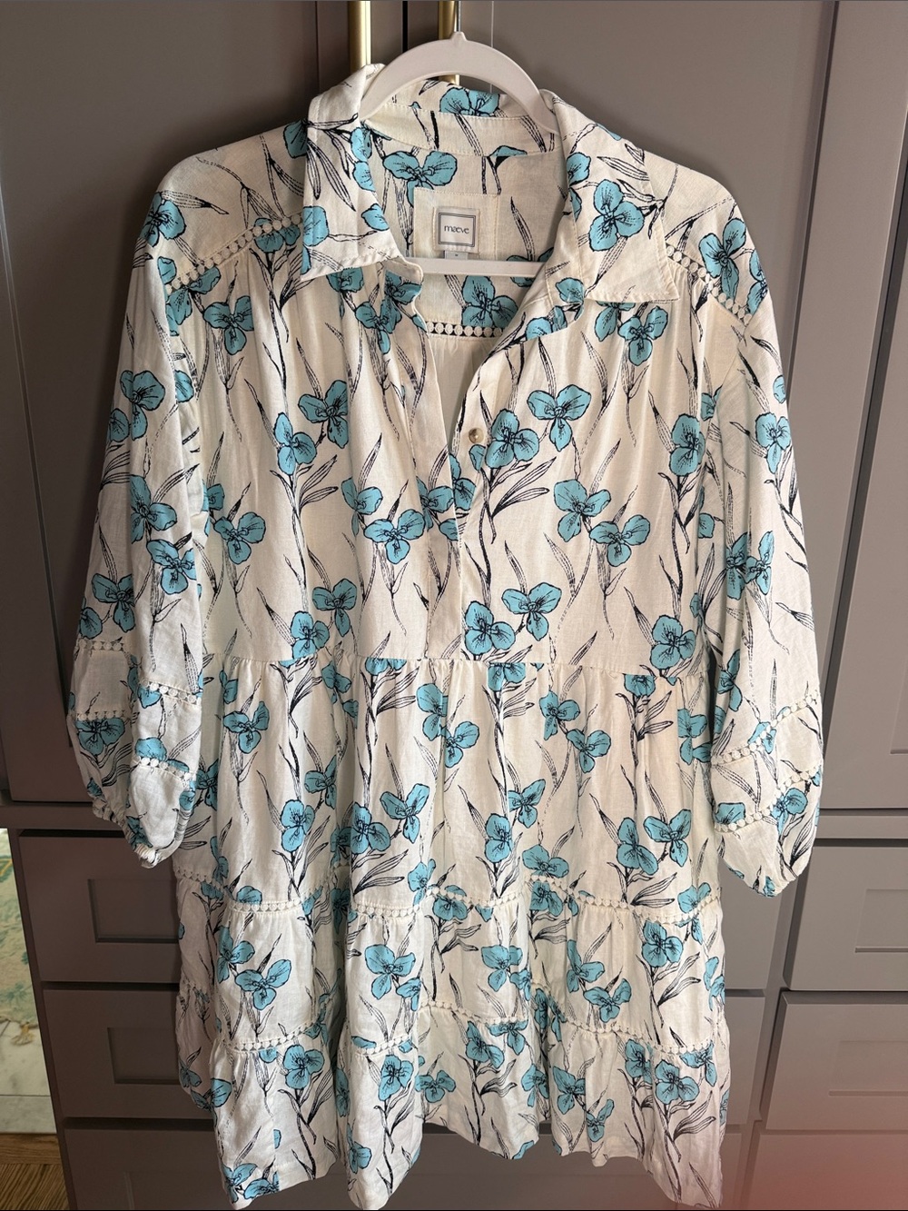 Maeve, Anthropologie Cream Button-Front Dress with Blue Floral Print